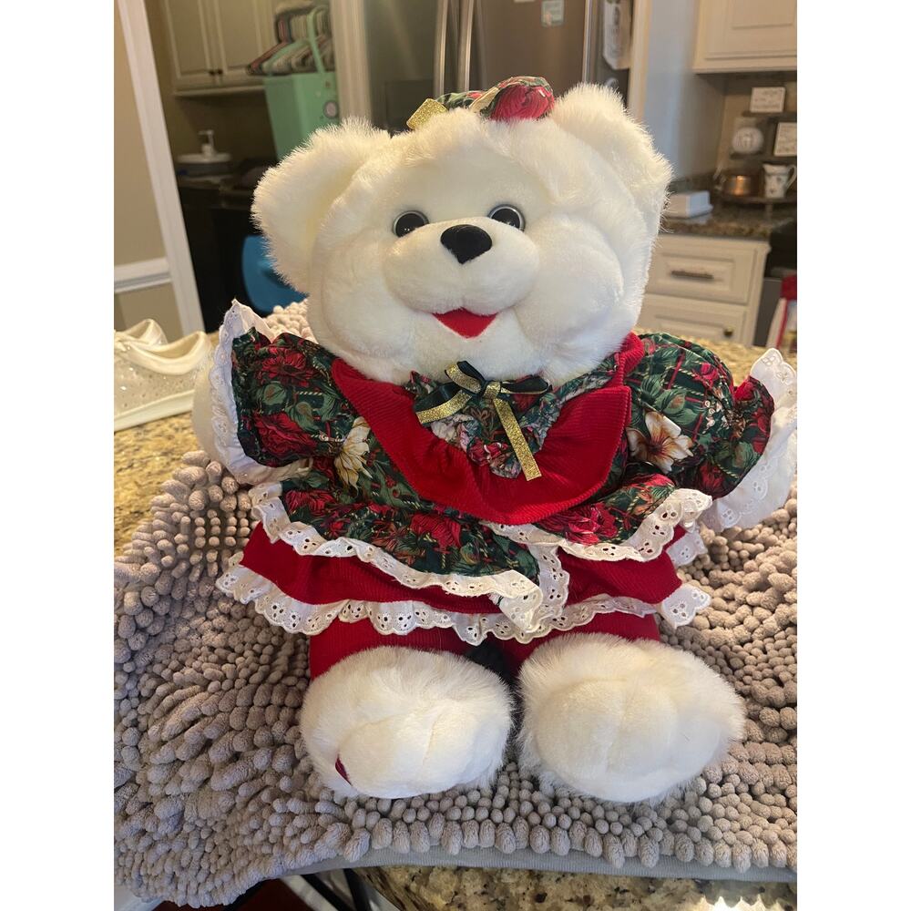 Holiday Plush Bear Dan Dee plush Vintage Bear fancy Dress with Bow